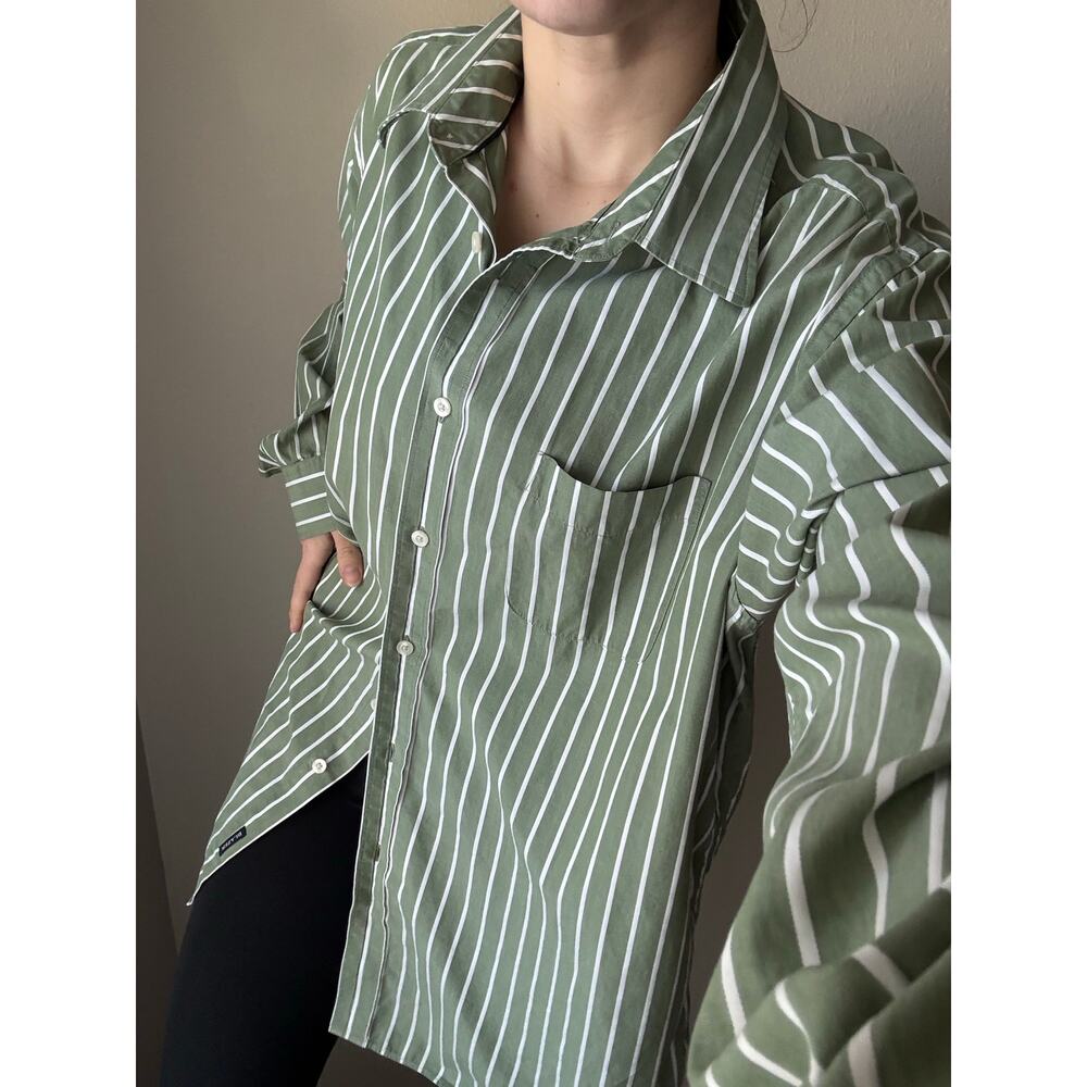 Green white stripe button down collegiate coastal preppy neutral summer spring